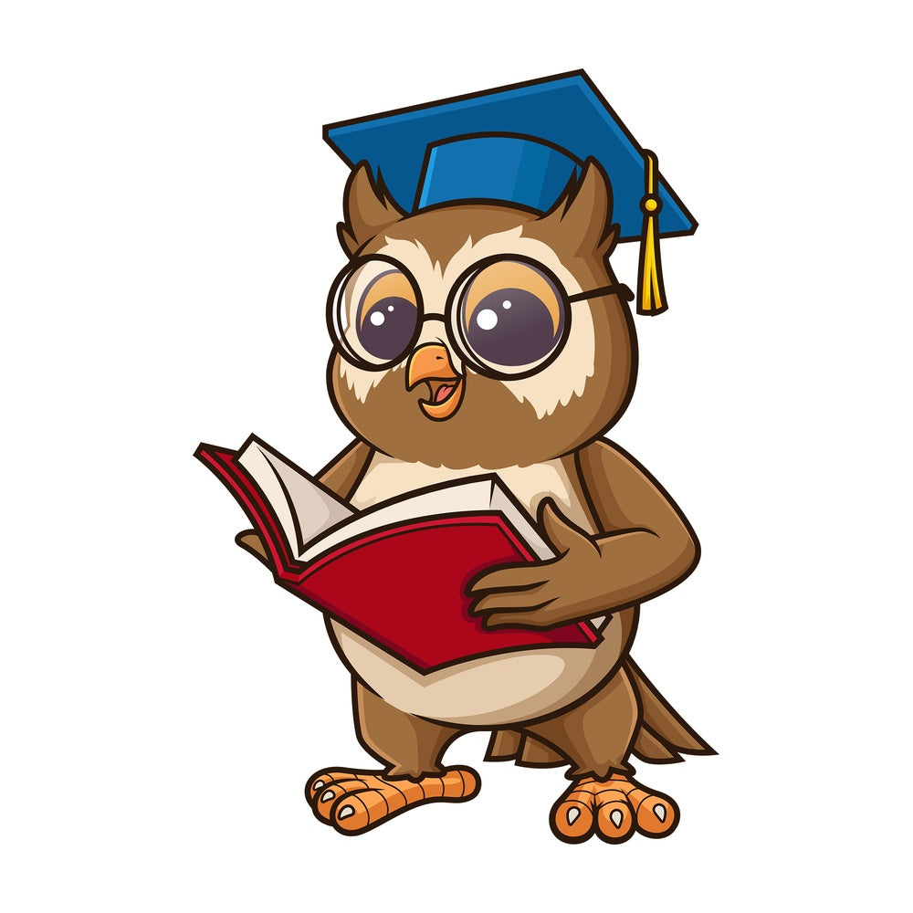 Owl teacher holding open book. PNG - JPG and vector EPS (infinitely scalable).