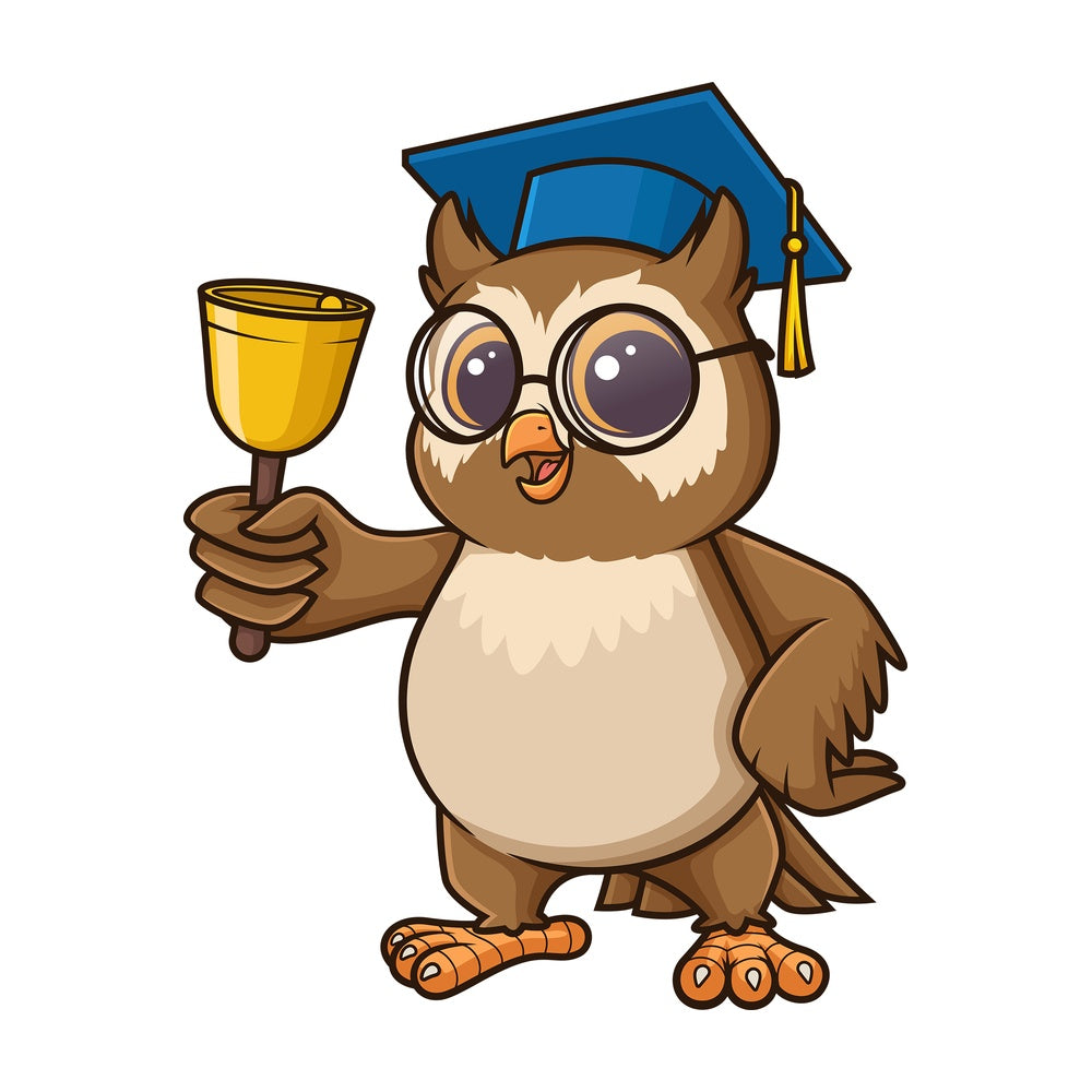 Owl teacher ringing school bell. PNG - JPG and vector EPS (infinitely scalable).