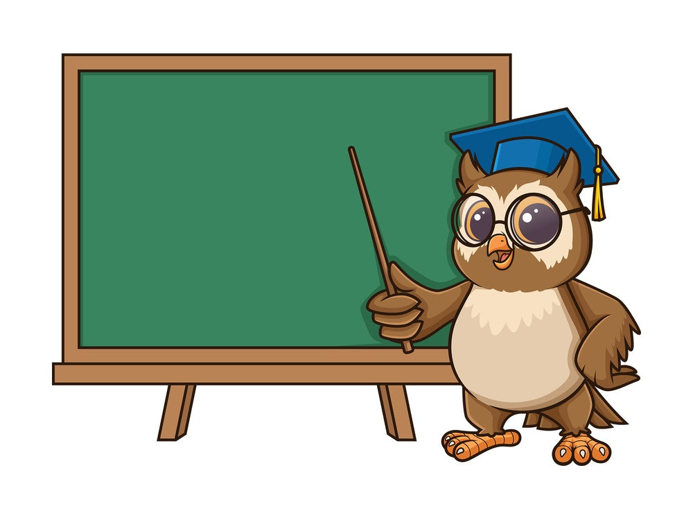 Owl teacher pointing to school board. PNG - JPG and vector EPS (infinitely scalable).