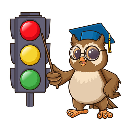 Owl teacher teaching traffic lights. PNG - JPG and vector EPS (infinitely scalable).