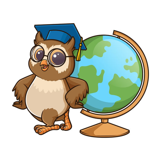 Owl geography teacher with globe. PNG - JPG and vector EPS (infinitely scalable).