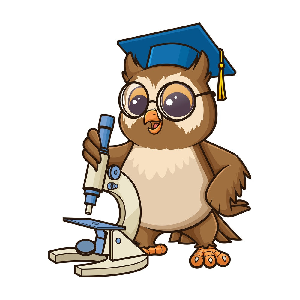 Owl biology teacher with microscope. PNG - JPG and vector EPS (infinitely scalable).