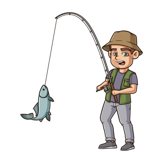 Fisherman reeling in fish. PNG - JPG and vector EPS (infinitely scalable).