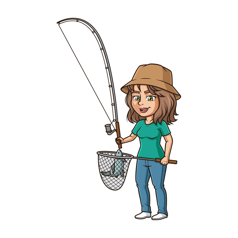 Hispanic woman fishing. PNG - JPG and vector EPS (infinitely scalable).