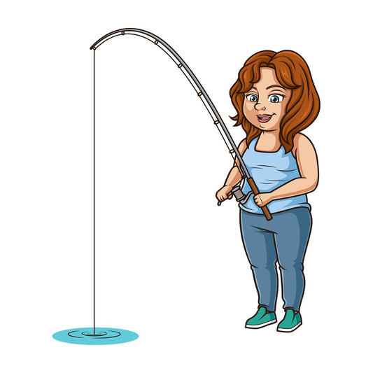 Chubby woman fishing. PNG - JPG and vector EPS (infinitely scalable).