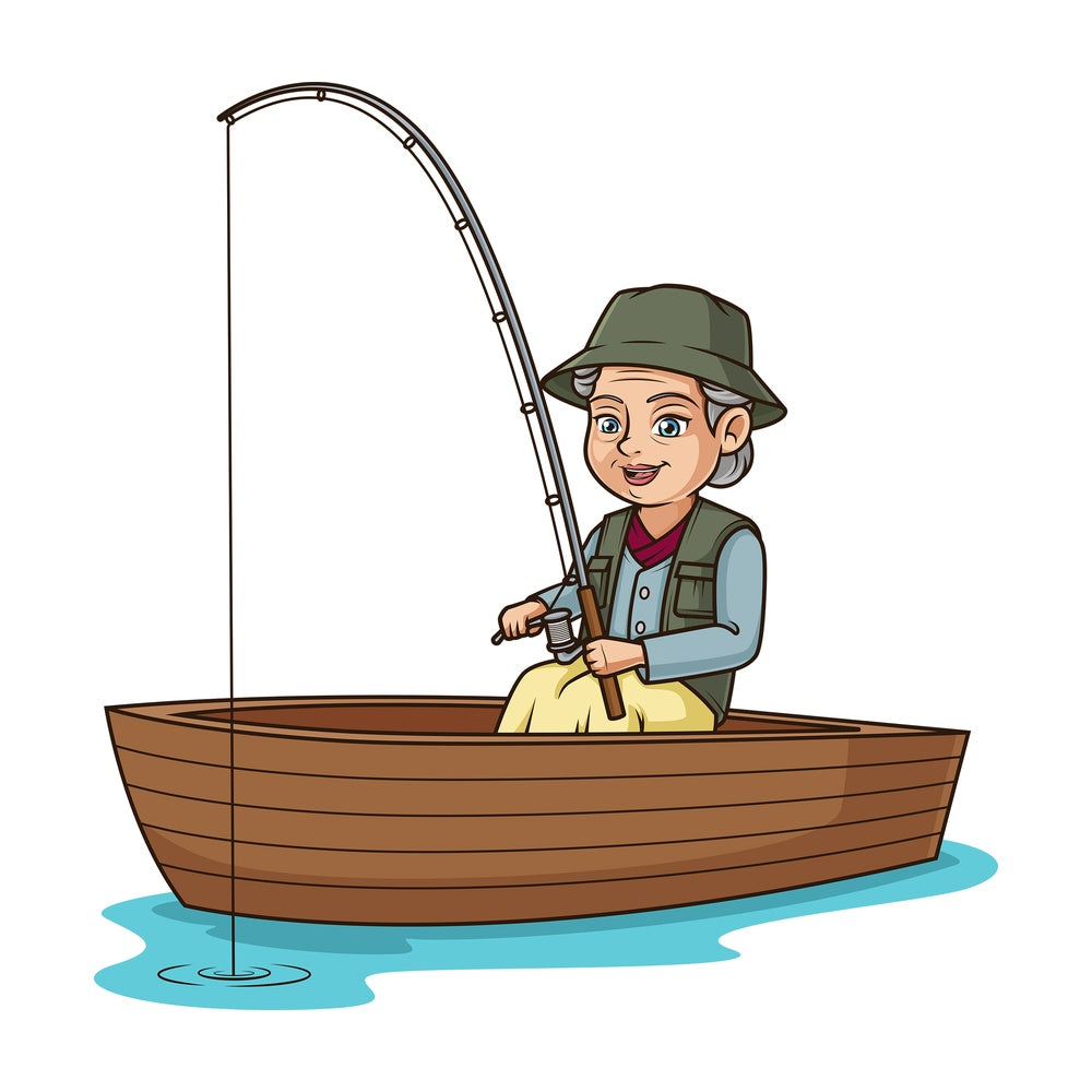 Mature woman fishing in a boat. PNG - JPG and vector EPS (infinitely scalable).