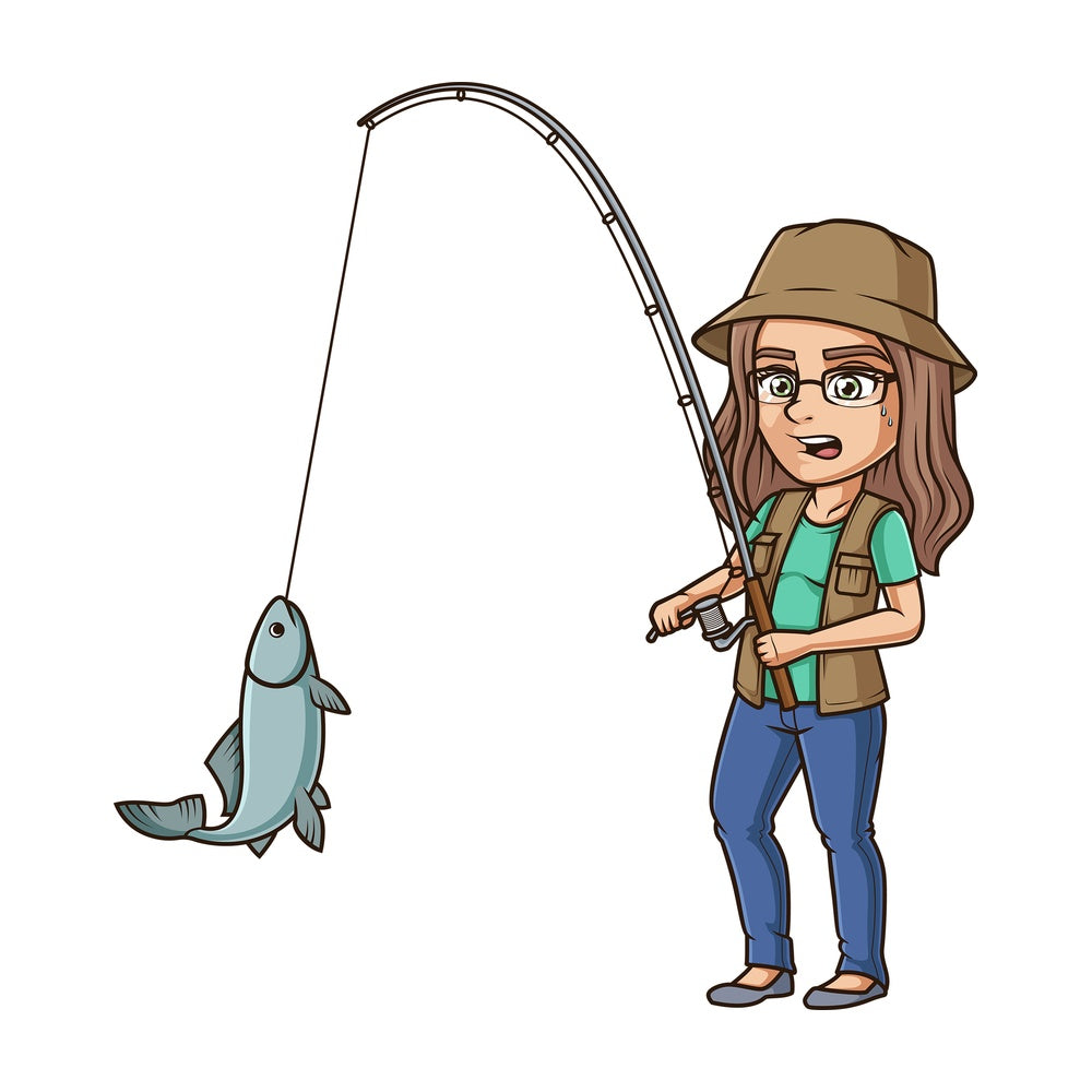Woman reeling in fish. PNG - JPG and vector EPS (infinitely scalable).