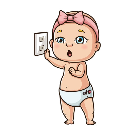 Curious baby girl near plug. PNG - JPG and vector EPS (infinitely scalable).