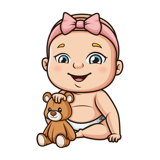 Baby girl playing with teddy bear. PNG - JPG and vector EPS (infinitely scalable).