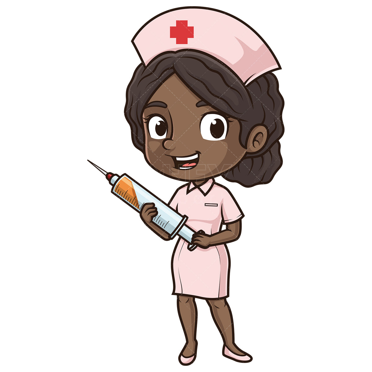 Royalty-free stock vector illustration of a african-american female nurse holding vaccine.