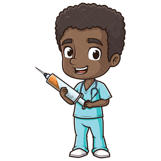 Royalty-free stock vector illustration of a african-american male nurse holding vaccine.