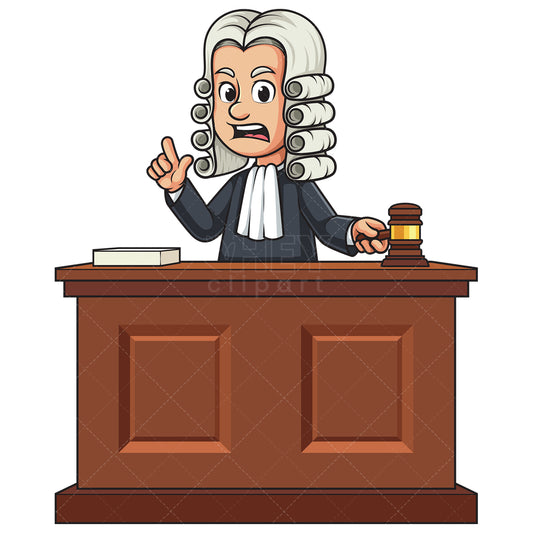 Royalty-free stock vector illustration of a angry male judge behind courtroom bench.