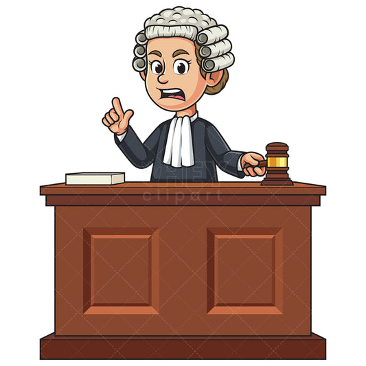 Royalty-free stock vector illustration of a annoyed female judge behind courtroom bench.