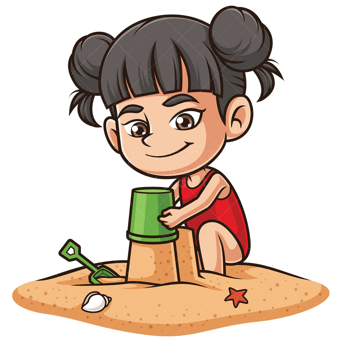 Royalty-free stock vector illustration of a asian girl building sandcastle.