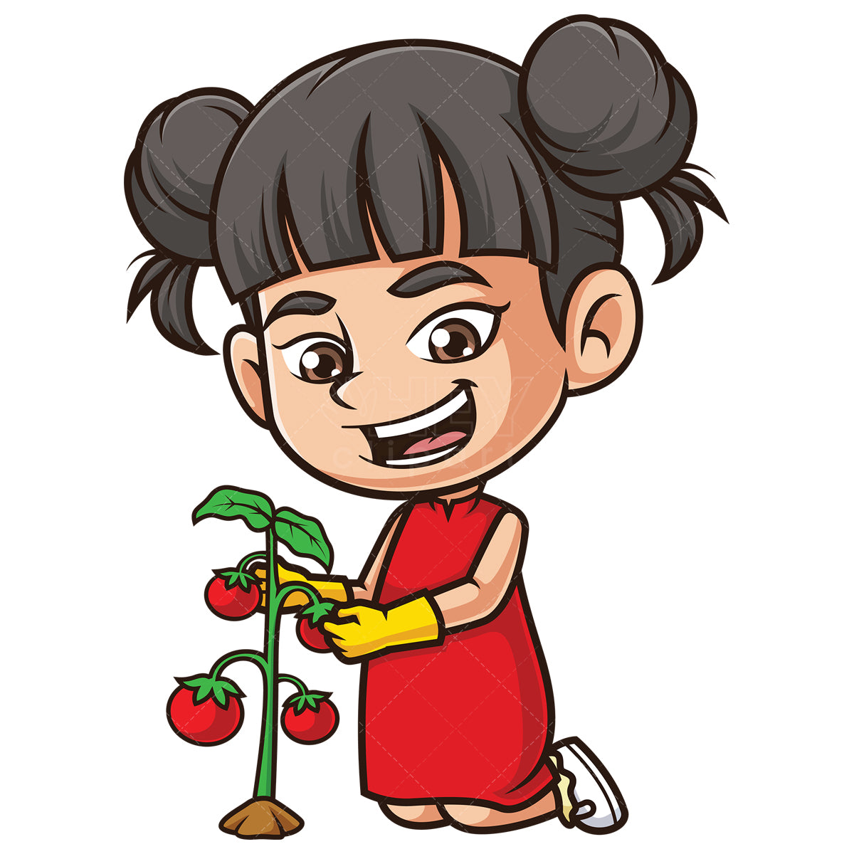 Royalty-free stock vector illustration of a asian girl taking care of tomato vine.