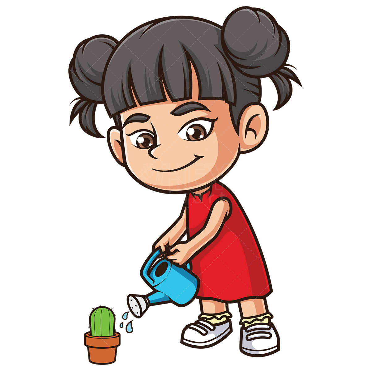 Royalty-free stock vector illustration of a asian girl watering cactus.