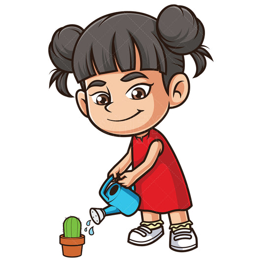 Royalty-free stock vector illustration of a asian girl watering cactus.