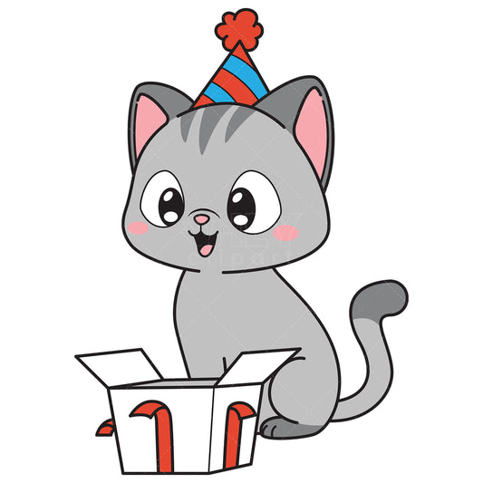 Royalty-free vector illustration of a birthday cat opening present.