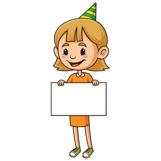 Royalty-free stock vector illustration of a birthday girl holding blank sign.