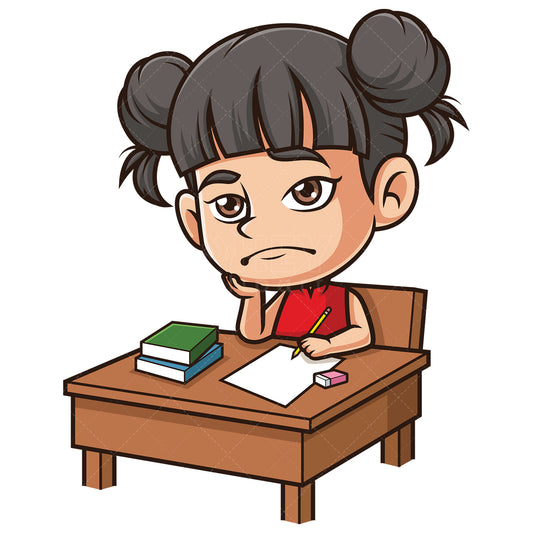 Royalty-free stock vector illustration of an bored asian girl doing homework.