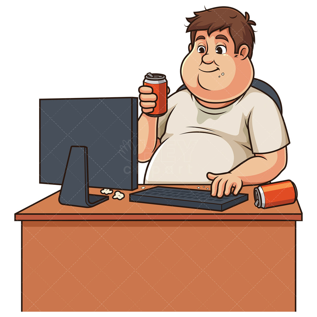 Royalty-free stock vector illustration of a chubby gamer drinking while playing.