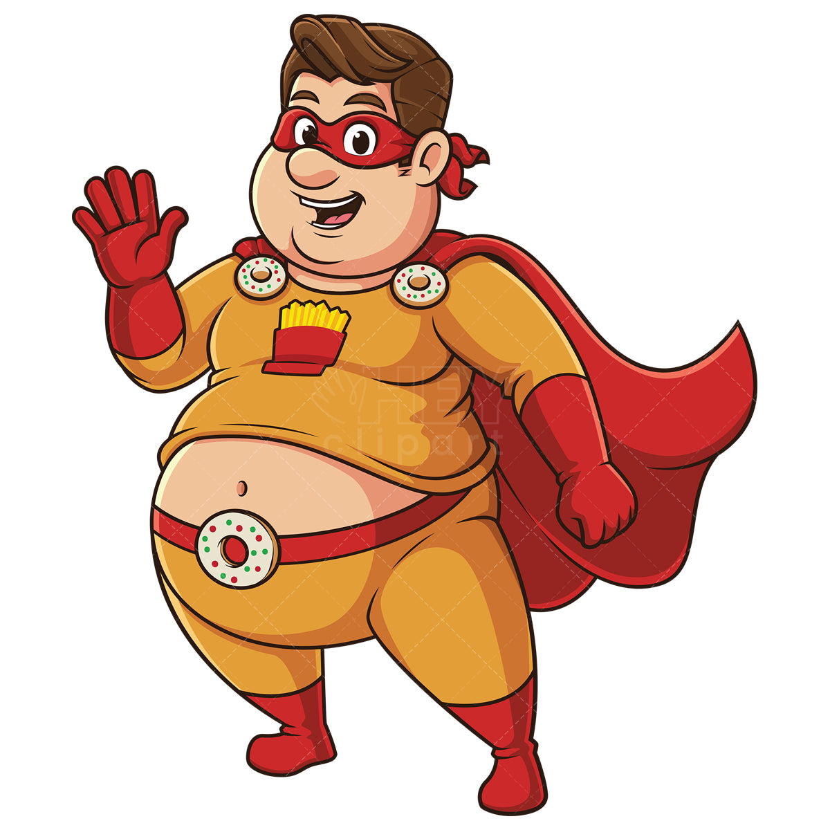 Royalty-free stock vector illustration of a chubby superhero waving.