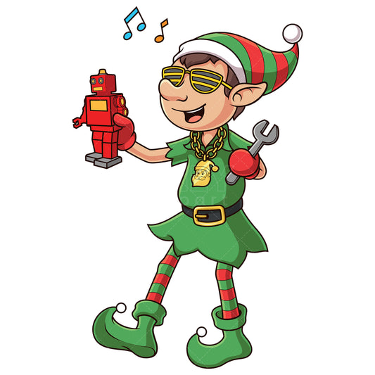 Royalty-free stock vector illustration of a cool christmas elf holding toy robot.