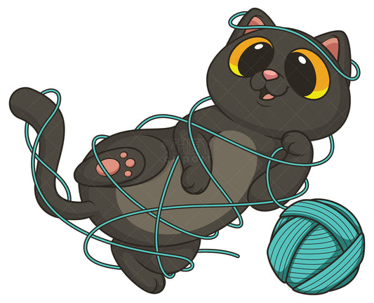 Royalty-free stock vector illustration of a funny cat tangled in yarn.