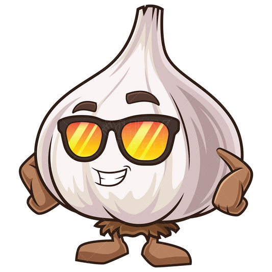 Royalty-free stock vector illustration of a garlic mascot wearing sunglasses.