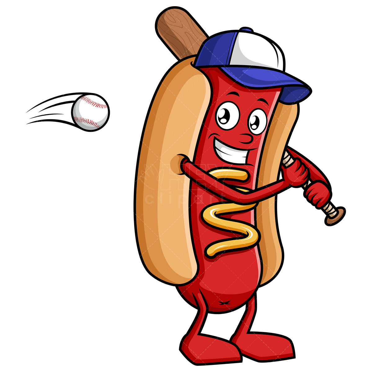 Royalty-free stock vector illustration of a hot dog holding baseball bat.