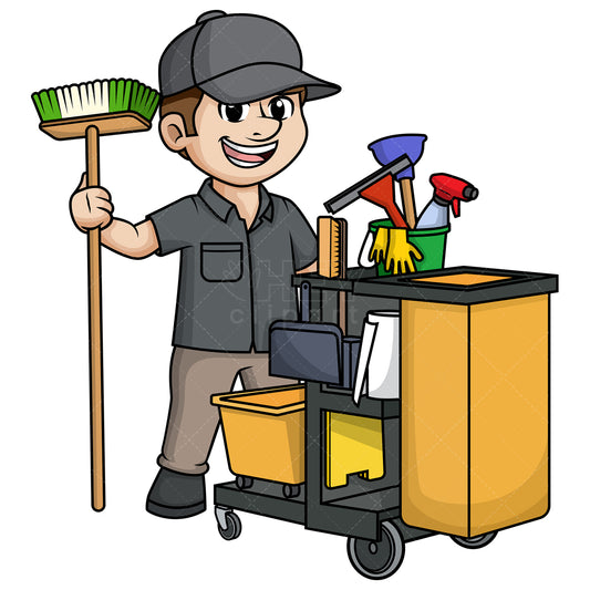 Royalty-free stock vector illustration of a male janitor with cleaning cart.