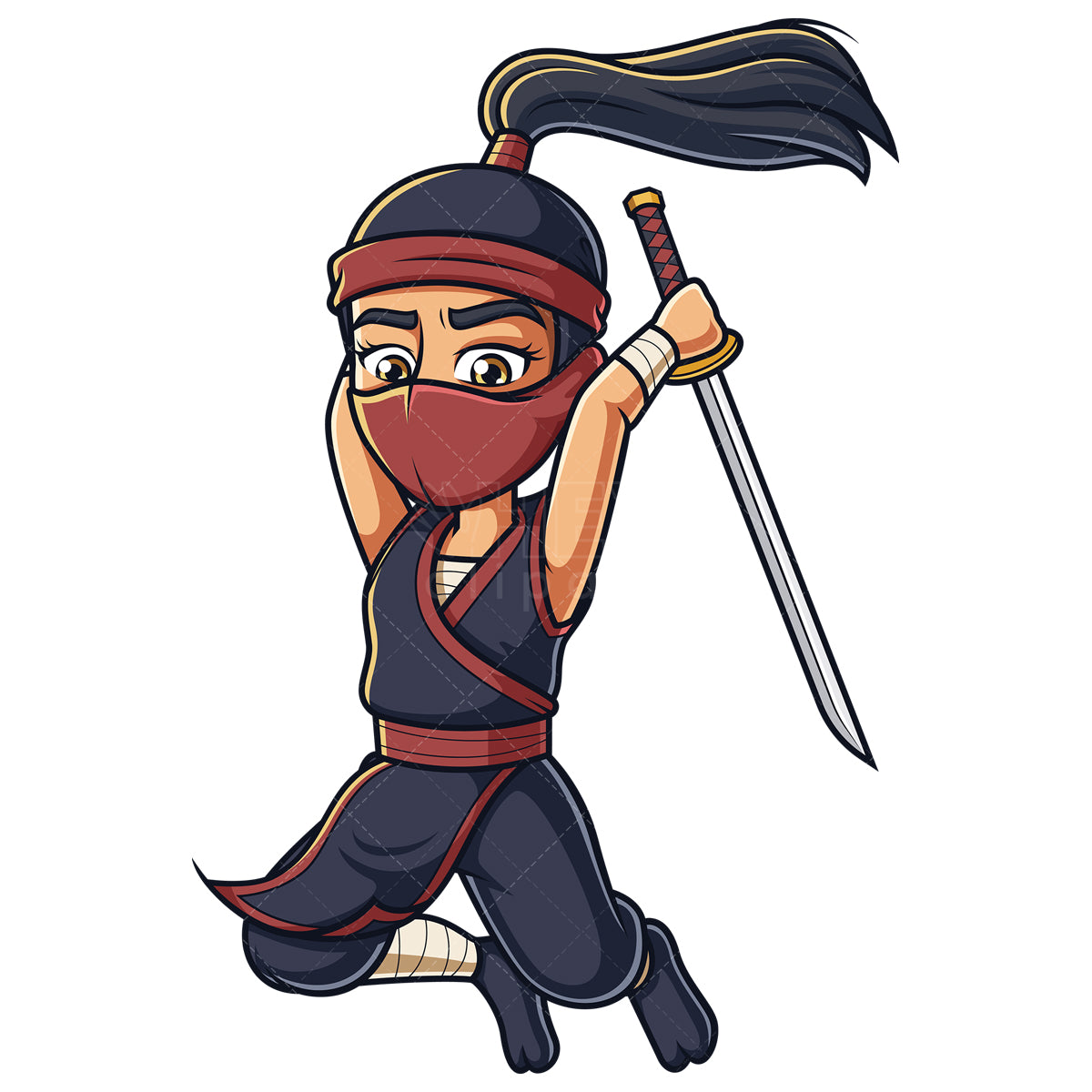 Royalty-free stock vector illustration of a ninja girl attacking with sword.