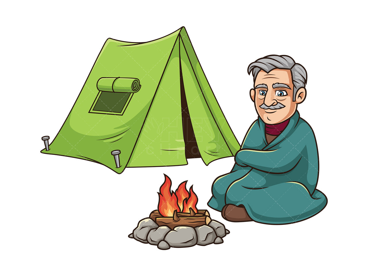 Royalty-free stock vector illustration of an old man camping.