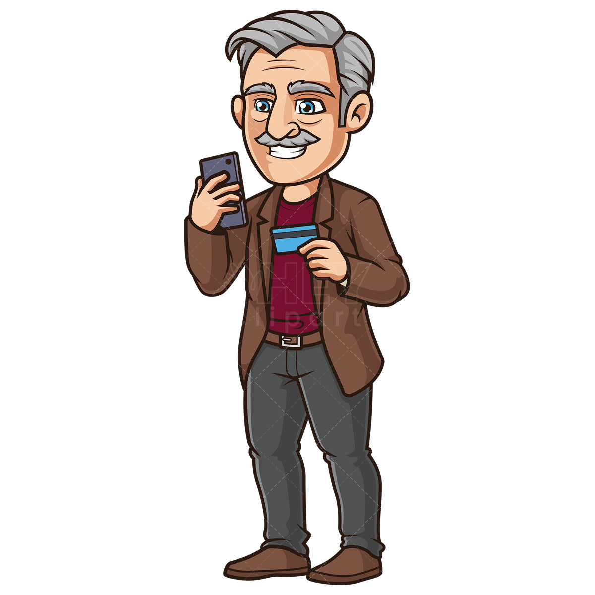 Royalty-free stock vector illustration of a old man shopping on mobile phone.