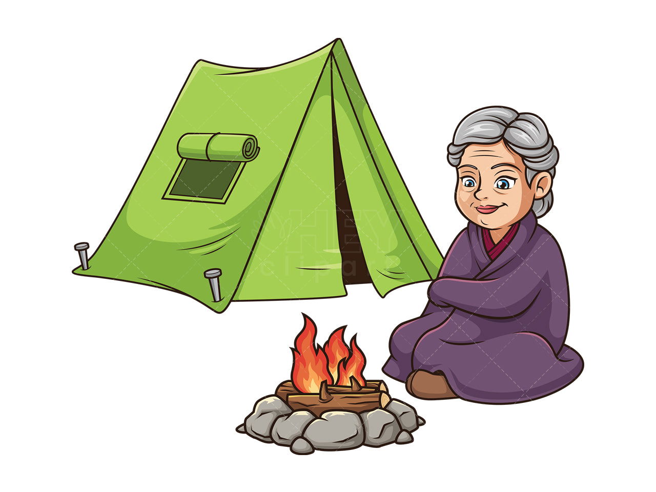 Royalty-free stock vector illustration of an old woman camping.