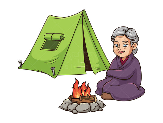 Royalty-free stock vector illustration of an old woman camping.