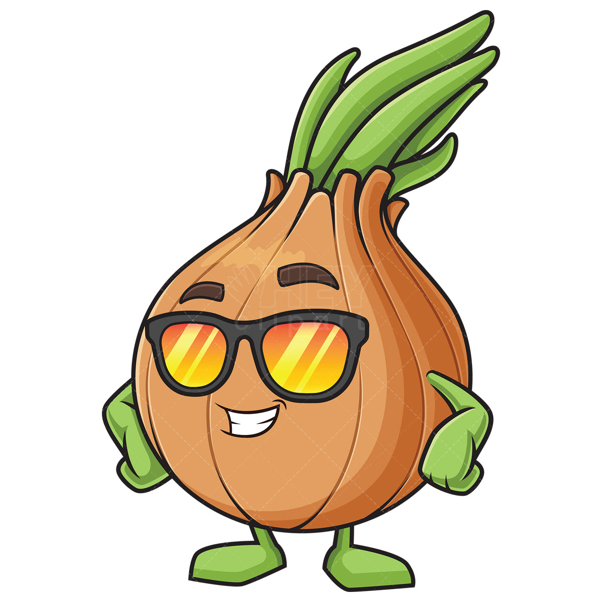 Royalty-free stock vector illustration of a onion mascot wearing sunglasses.