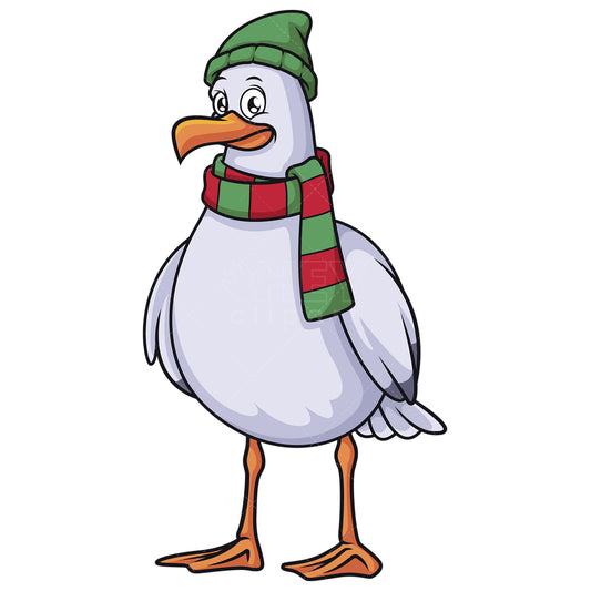 Royalty-free stock vector illustration of a seagull with beanie and scarf.