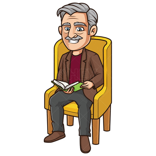 Royalty-free stock vector illustration of a seated old man reading book.