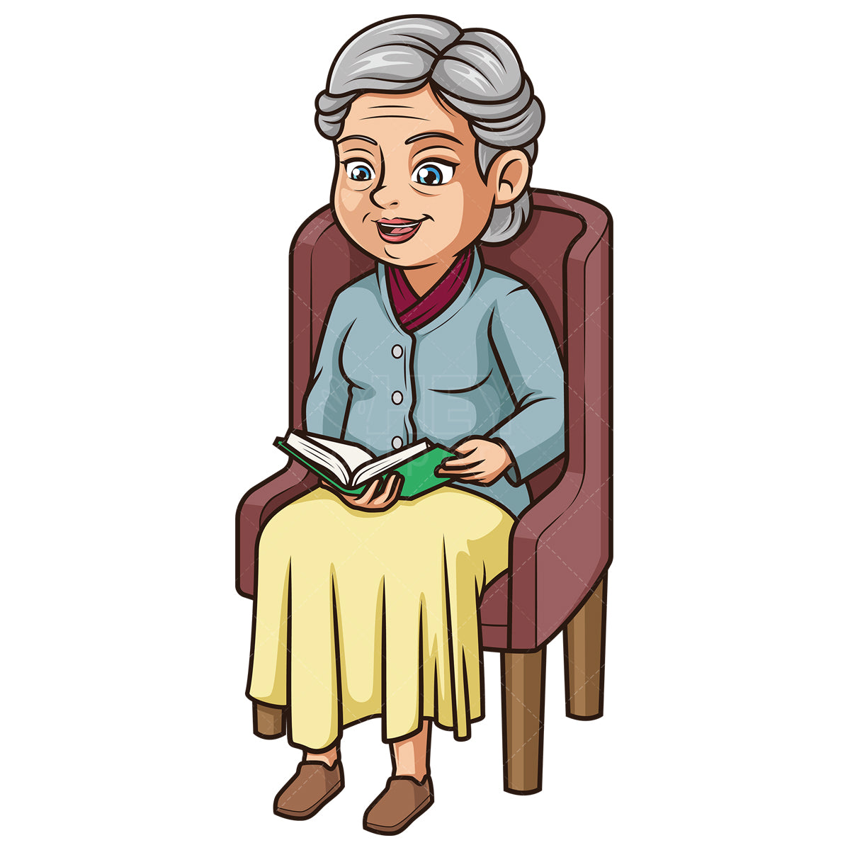 Royalty-free stock vector illustration of a seated old woman reading book.