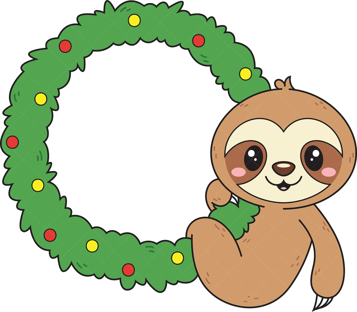 Royalty-free vector illustration of a sloth holding christmas wreath.