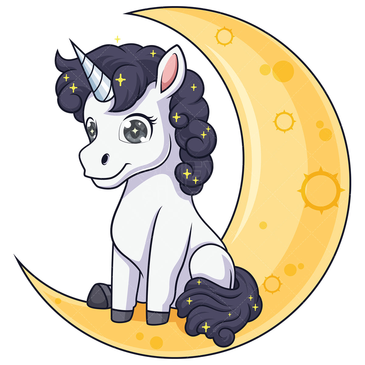 Royalty-free stock vector illustration of a unicorn on a half moon.