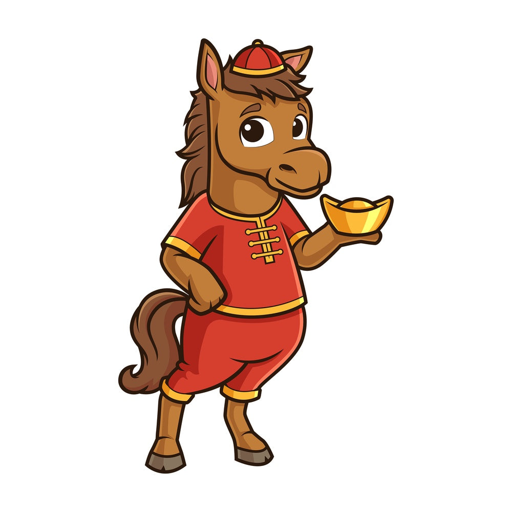 New year horse holding chinese gold ignot. PNG - JPG and vector EPS (infinitely scalable).