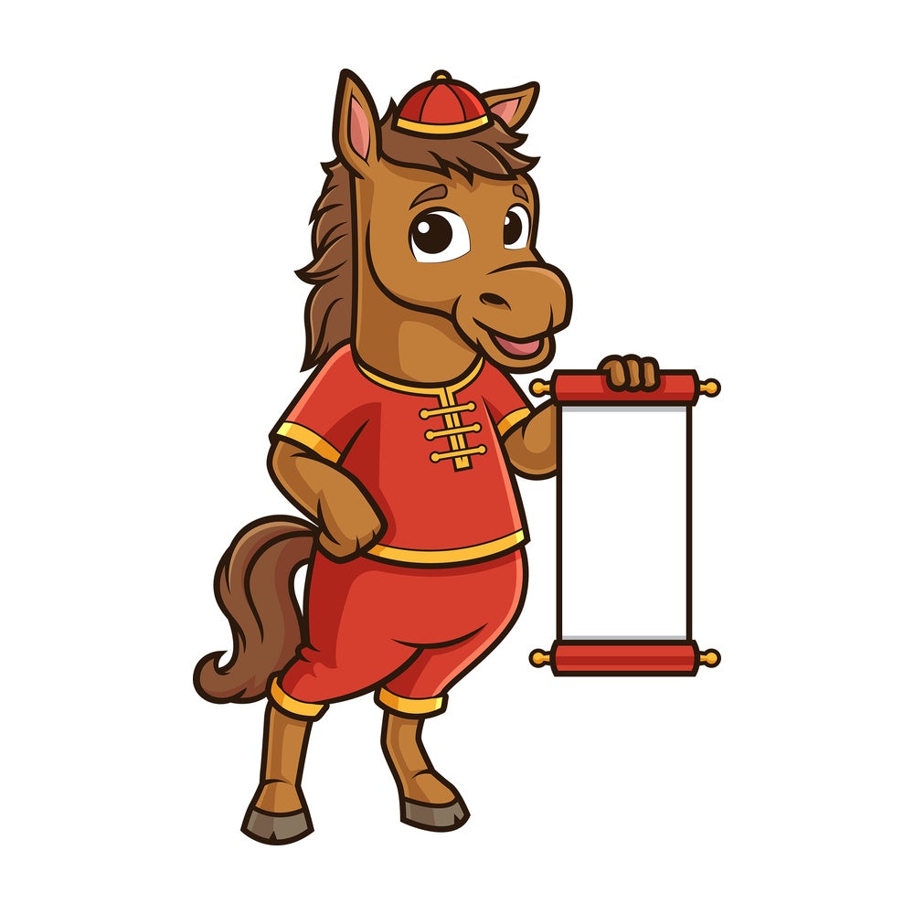 Chinese new year horse with blank scroll. PNG - JPG and vector EPS (infinitely scalable).