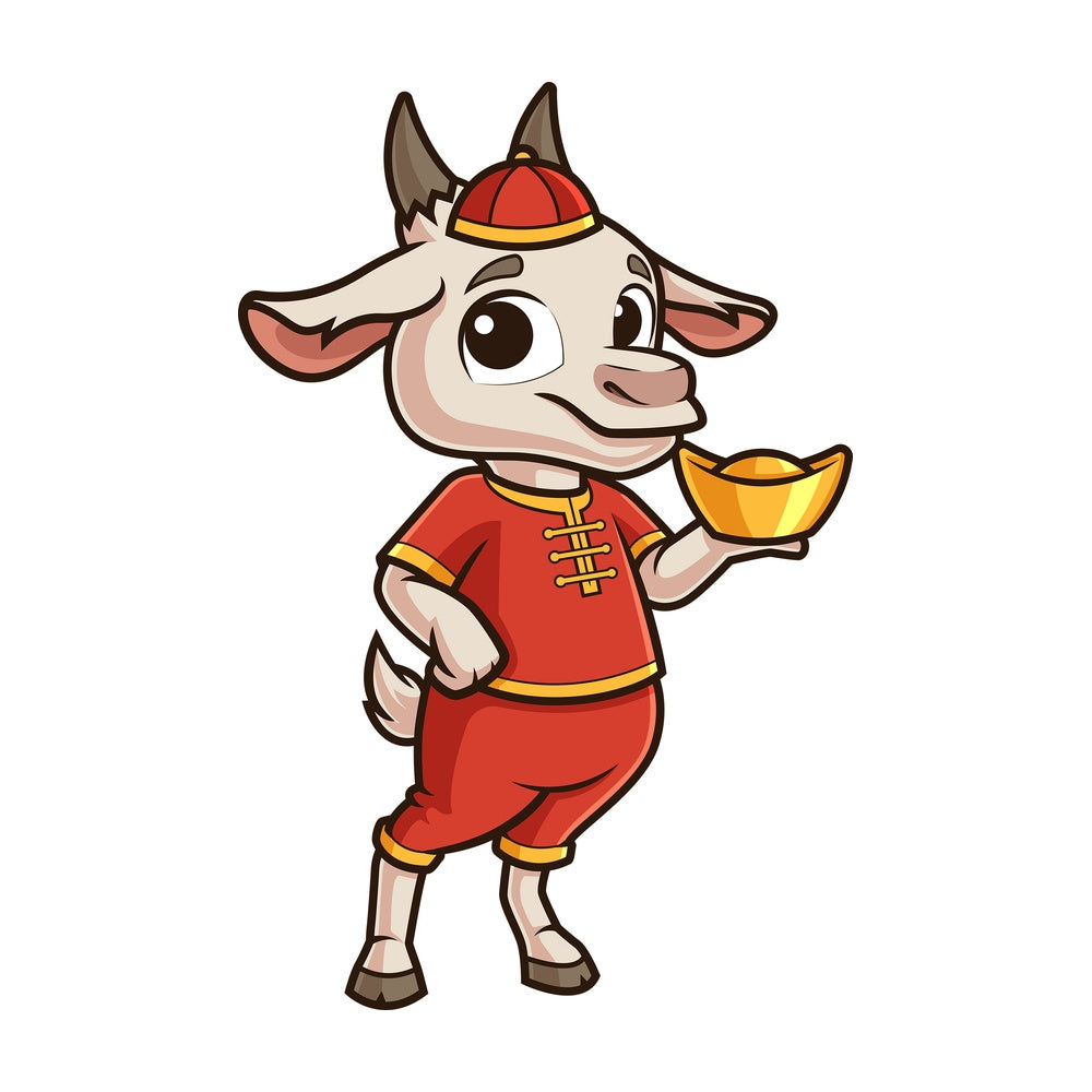 New year goat holding chinese gold ignot. PNG - JPG and vector EPS (infinitely scalable).