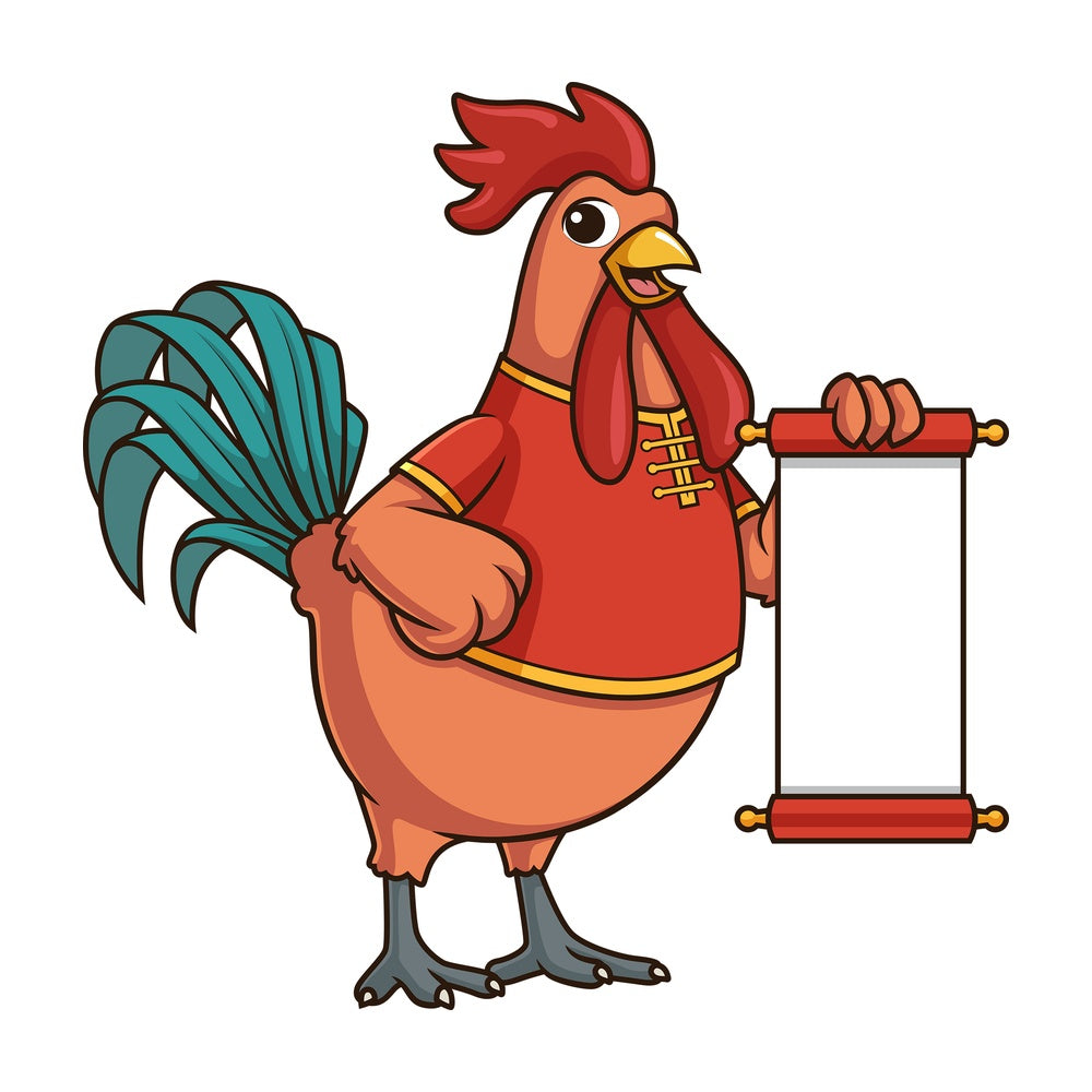 Chinese new year rooster with blank scroll. PNG - JPG and vector EPS (infinitely scalable).