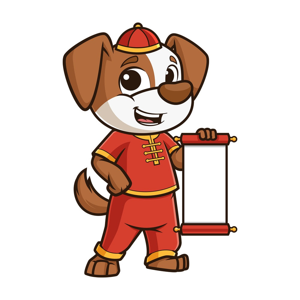 Chinese new year dog with blank scroll. PNG - JPG and vector EPS (infinitely scalable).