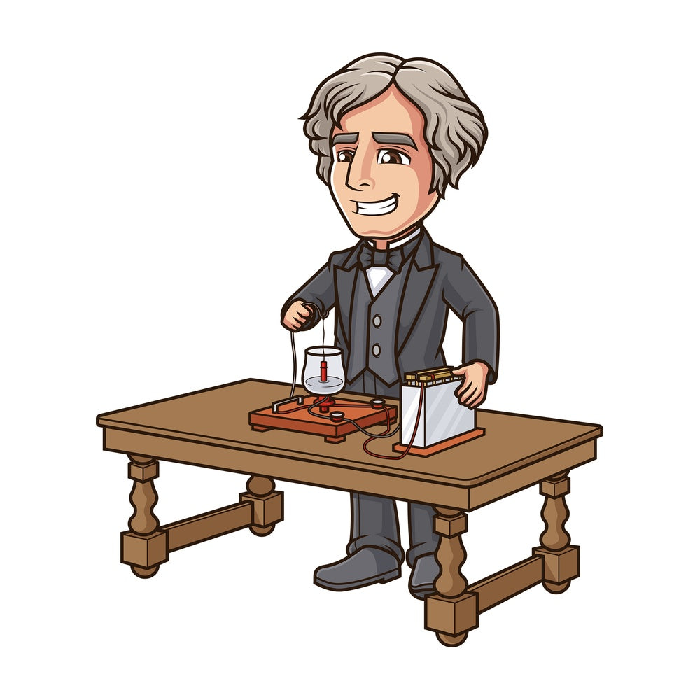 Michael faraday working on his motor. PNG - JPG and vector EPS (infinitely scalable).