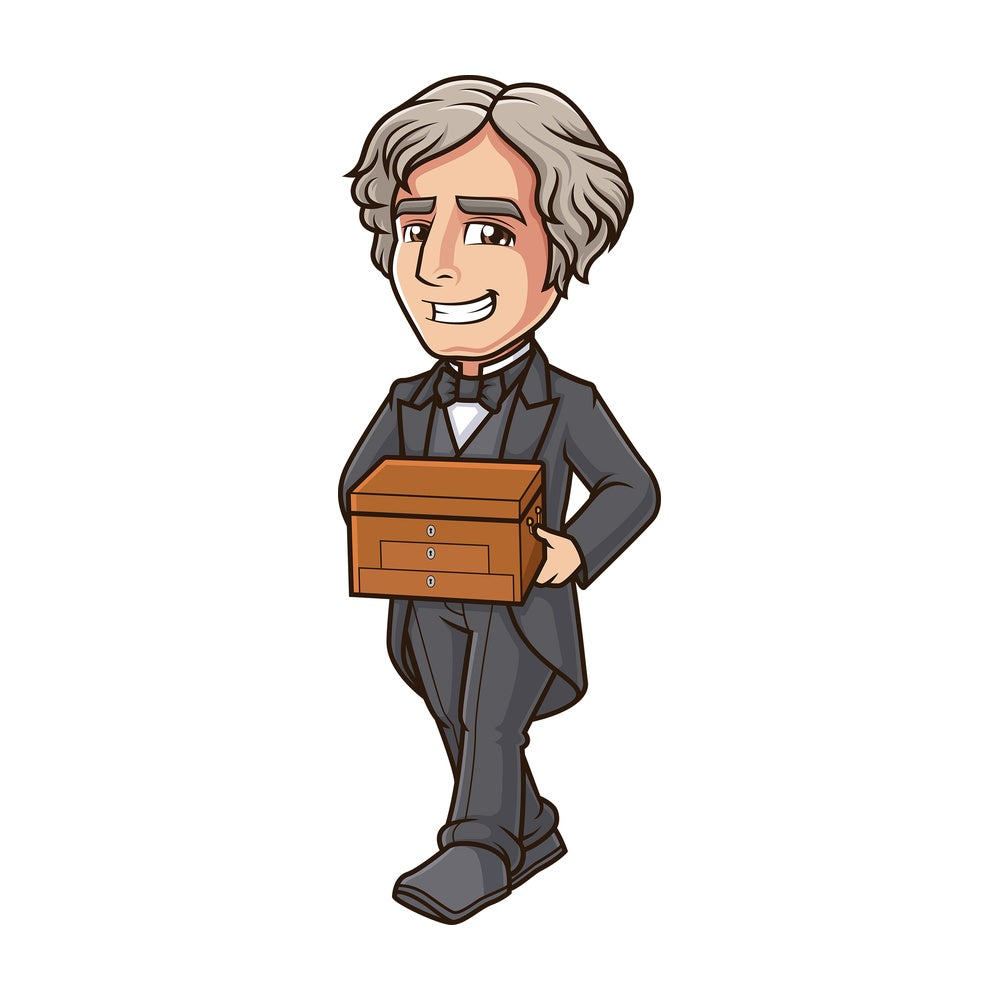 Michael faraday holding chemical chest. PNG - JPG and vector EPS (infinitely scalable).