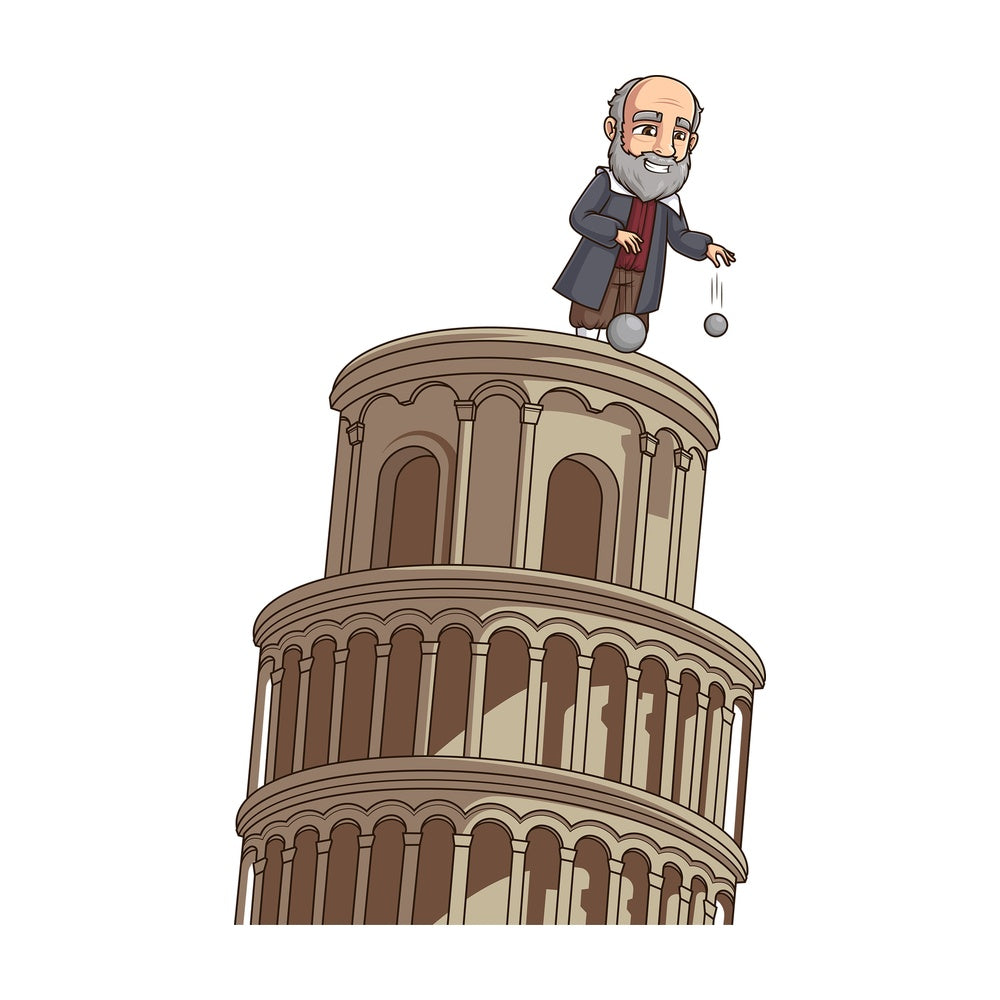 Galileo dropping balls leaning tower of pisa. PNG - JPG and vector EPS (infinitely scalable).